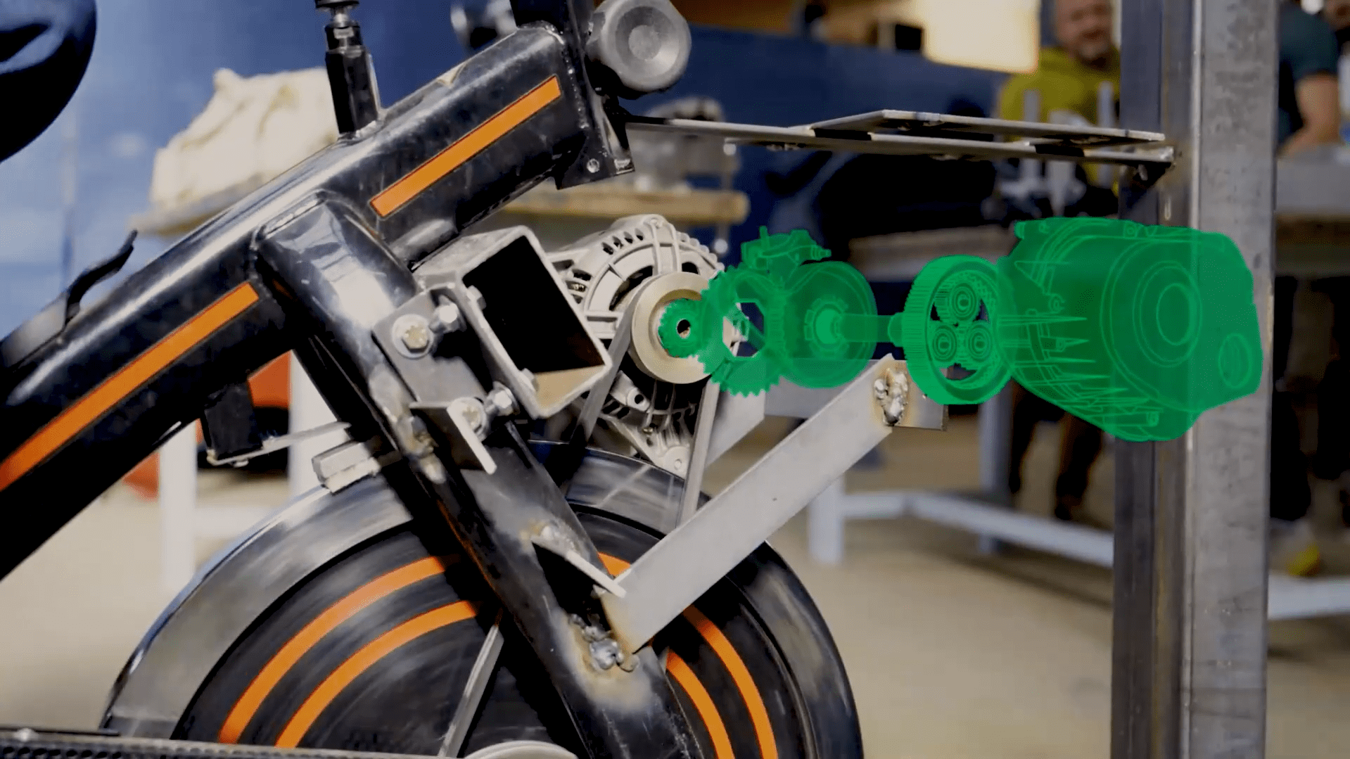Le mécanisme intérieur d'un vélo générateur illustré